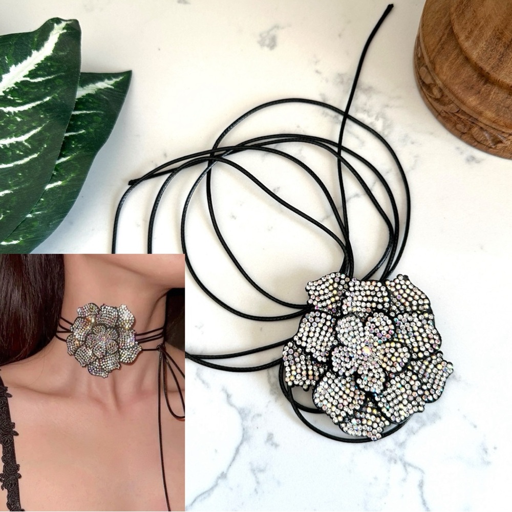 Black Rhinestone Flower Tie Choker Necklace Jumbo Flower Zara Adjustable NEW